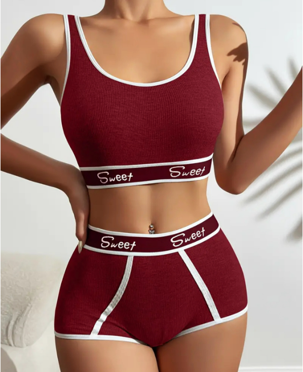 "Letter Print Bra Panties Ribbed Wireless Bra Elastic Panties "